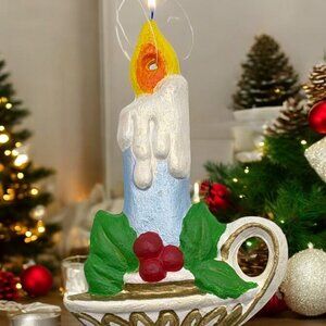 Vintage Candle Christmas Tree Ornament Holly Design Hand Painted Chamberstick